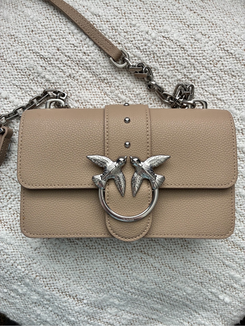 Pinko - Love One Mini crossbody bag, beige/taupe with silver Pinko birds buckle
